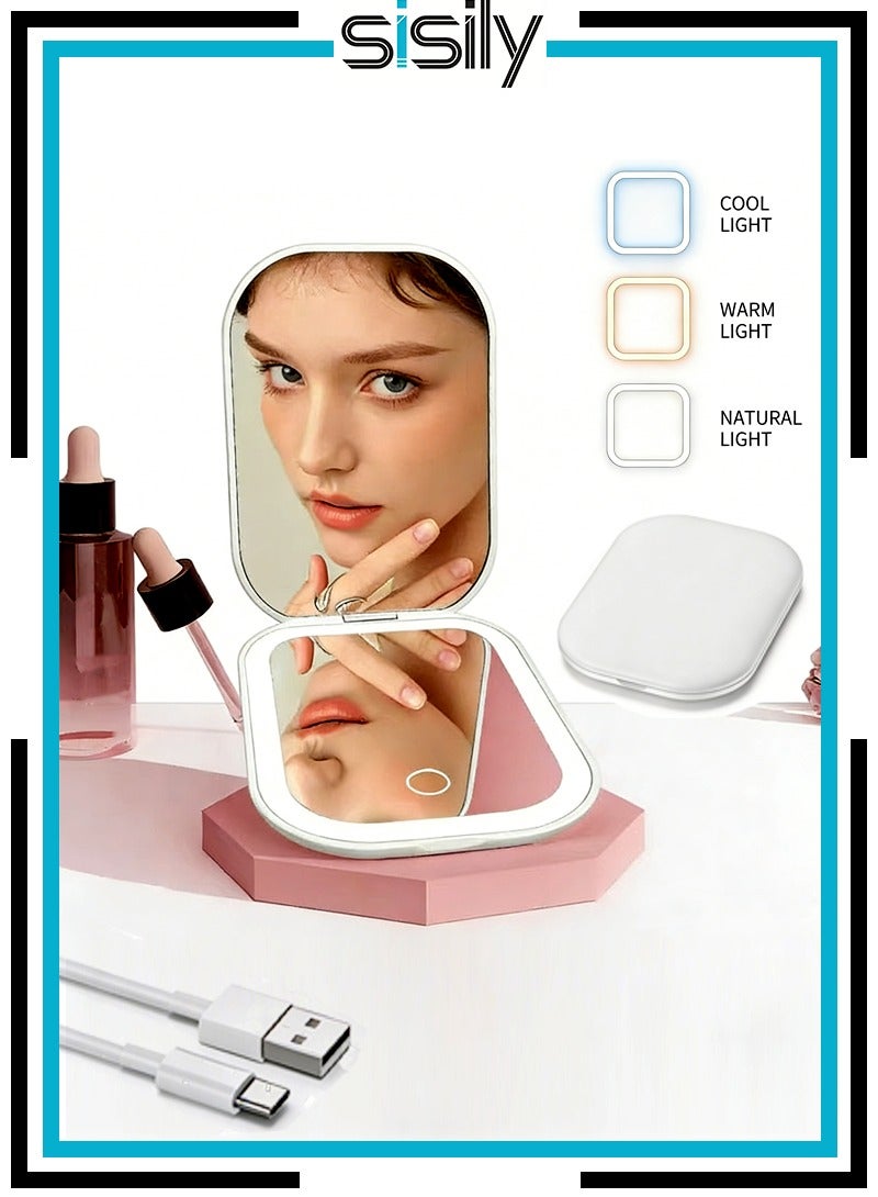 سيسلي مرآة مكياج LED للسفر بإضاءة مضيئة وتكبير 1X/3X، تعتيم غير متدرج وثلاثة ألوان قابلة للضبط، بطارية قابلة للشحن، حجم صغير للحقيبة والاستخدام المحمول - أبيض - Image 1